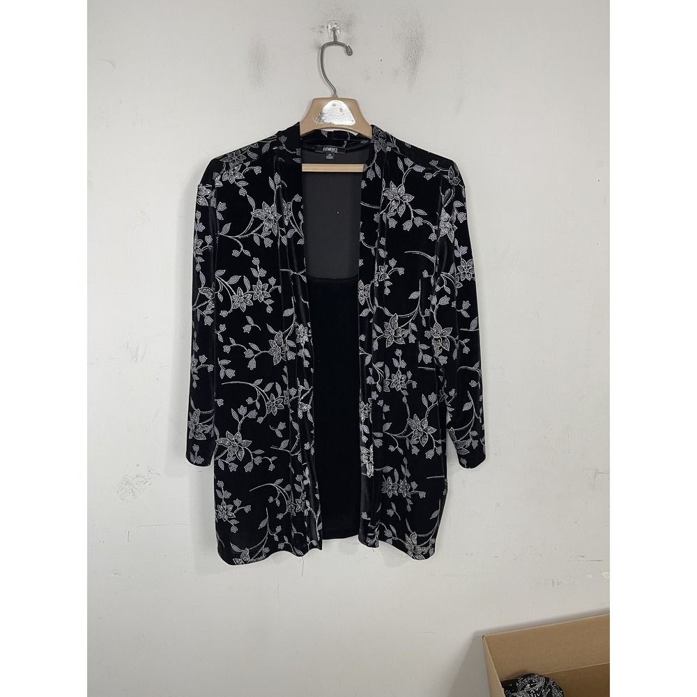 ELEMENTZ Women's 2X Black Velvet Floral Open Front Cardigan‎ Duster Top New